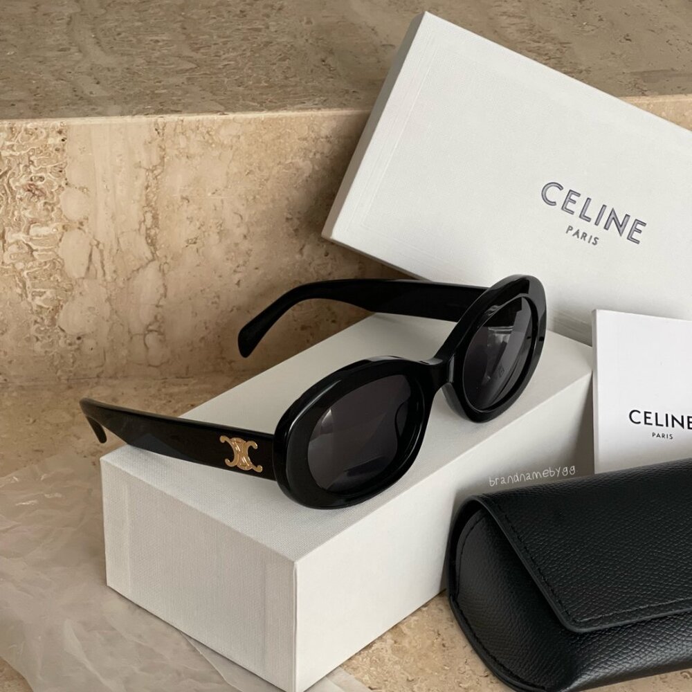 CELINE Black Oval Sunglasses with Gold Logo | Full Set | Excellent